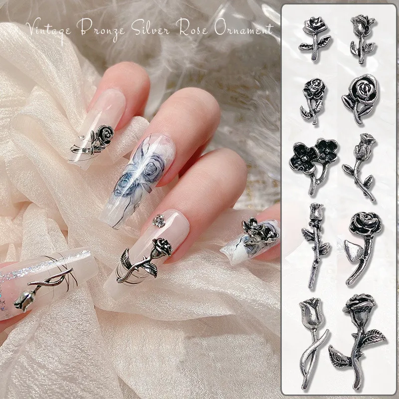 10pcs/bag Silver 3D Rose Flowers DIY Nail Art Charms for Nail Supplies