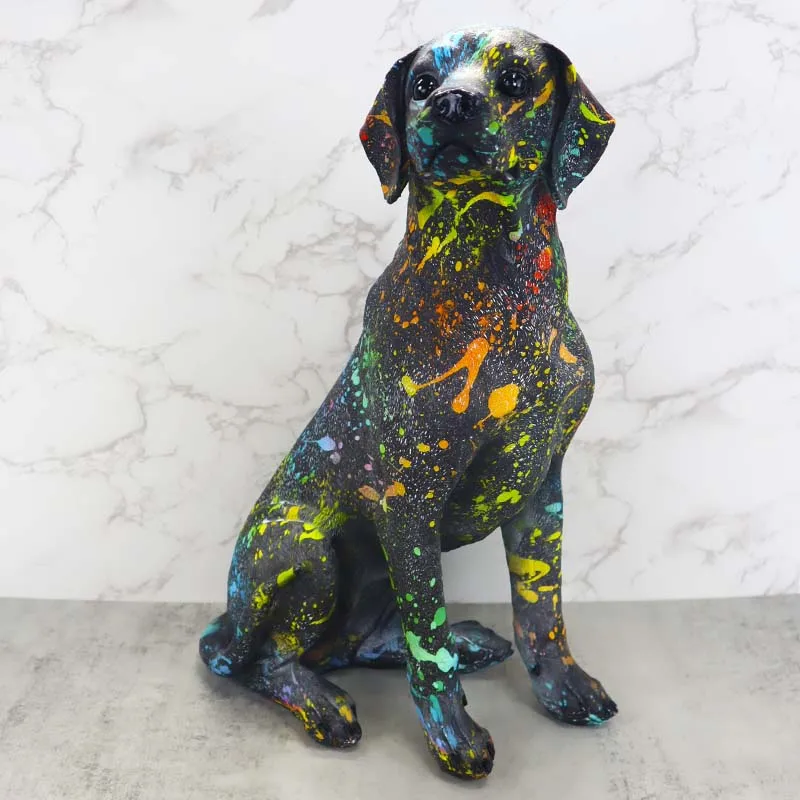 Creative Water Transfer Printing Artwork Colorful Labrador Dog Statue Sitting Resin Large Dog Statue