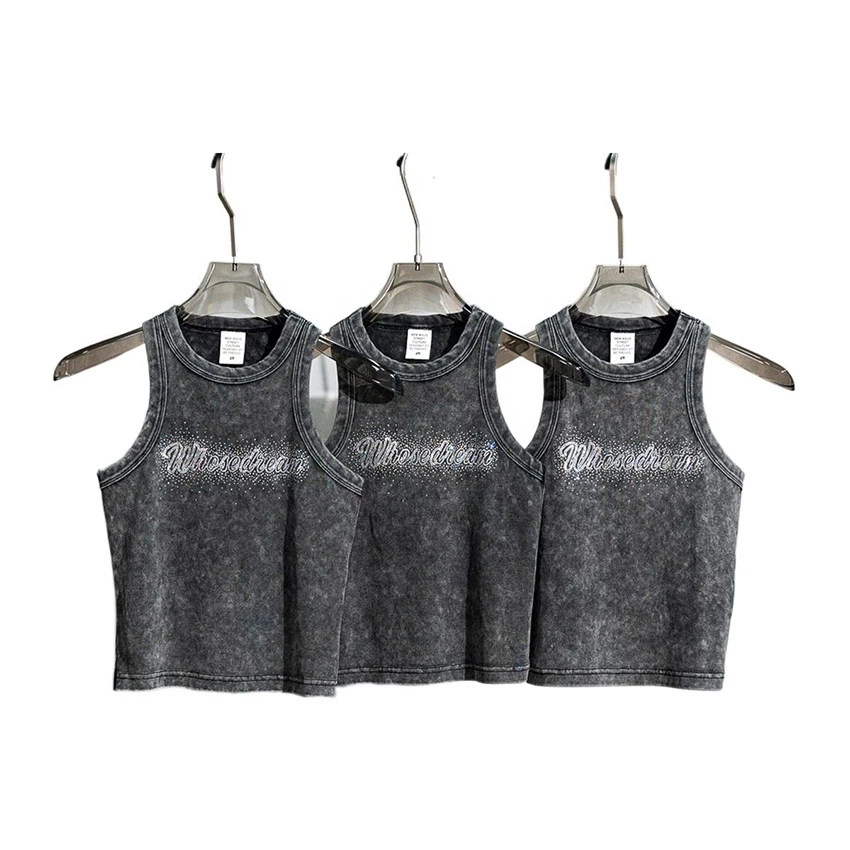 OEM Hot Custom Logo Summer Lady tank top rhinestones washed acid White Black Ribbed Crop Tank Top for Women