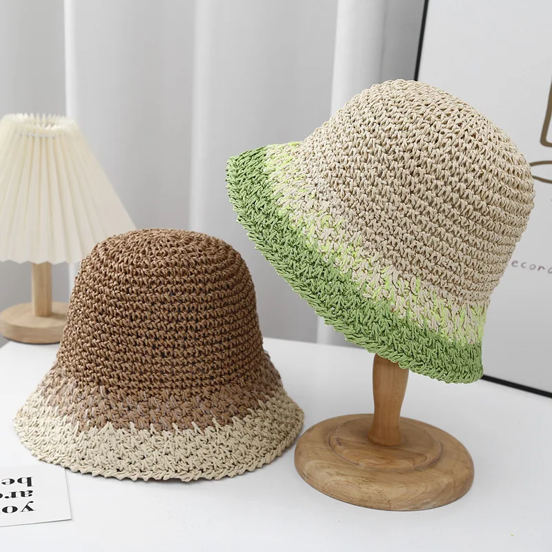 2024 Summer Beach Wide Brim With Lack Floppy Paper Straw Bucket Hat For Woman