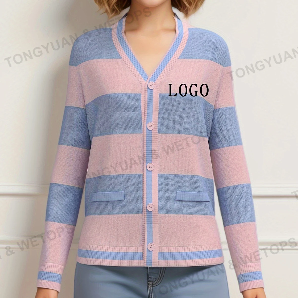 BSCI Knit Sweater Custom Pink Blue University Knit Unisex With Buttons V Neck Long Sleeve Knitted Cardigan