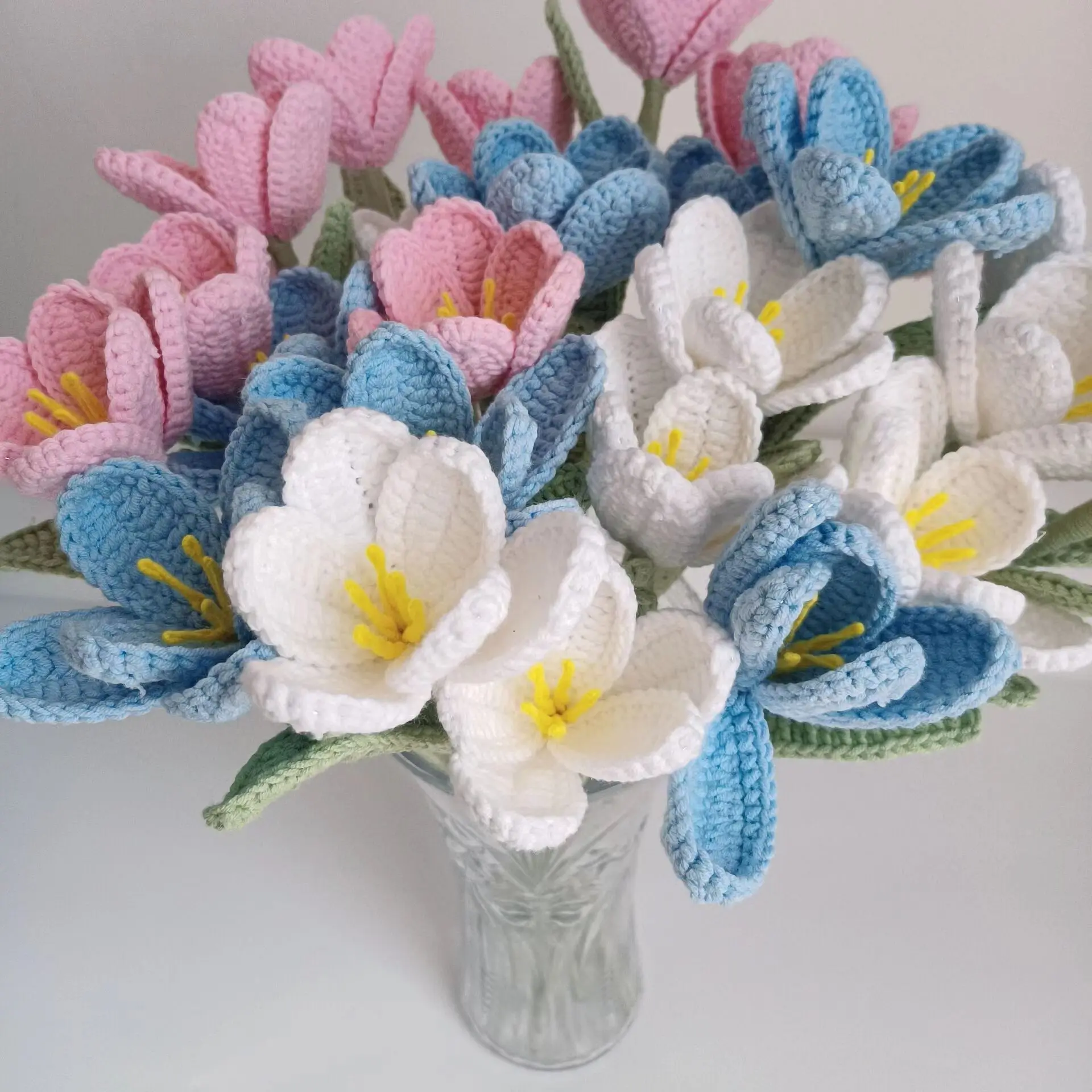 wholesale colorful  Handmade Crochet knitting woolen yarn Artificial Tulipa Flower Bouquet for gift