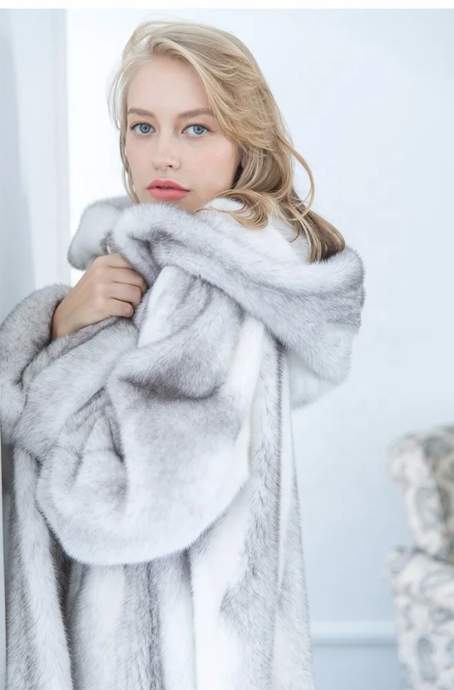 
Hot Sale Europe Design Women Long Coat Hood Genuine Mink Fur Coat 