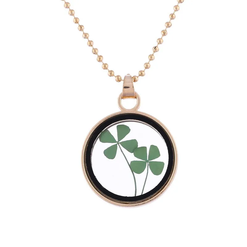 Gold Dried Leaves Lucky 4-Leaf Clover Round Glass Locket Pendant Necklace