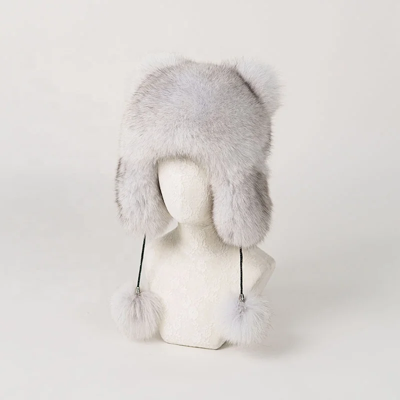 NAFA Wholesale Cute Lovely Furry Chic Cozy Winter White Fox Fur Aviator Bomber Hats with Source Factory