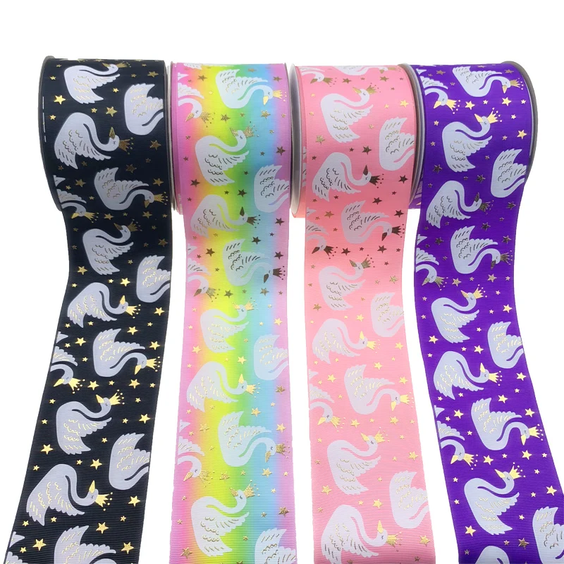 
75mm wholesale gold foil printed hologram Swan ink grosgrain ribbon 
