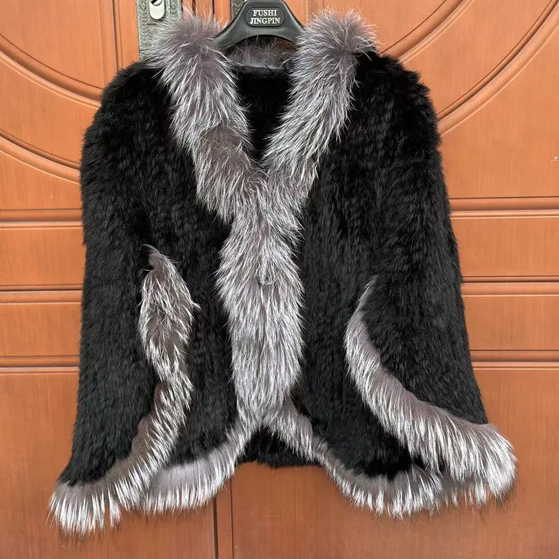 2024 Women Knitted Real Rabbit Fur Poncho Autumn Winter Genuine Fur Cape With Real Fox Fur Trimming