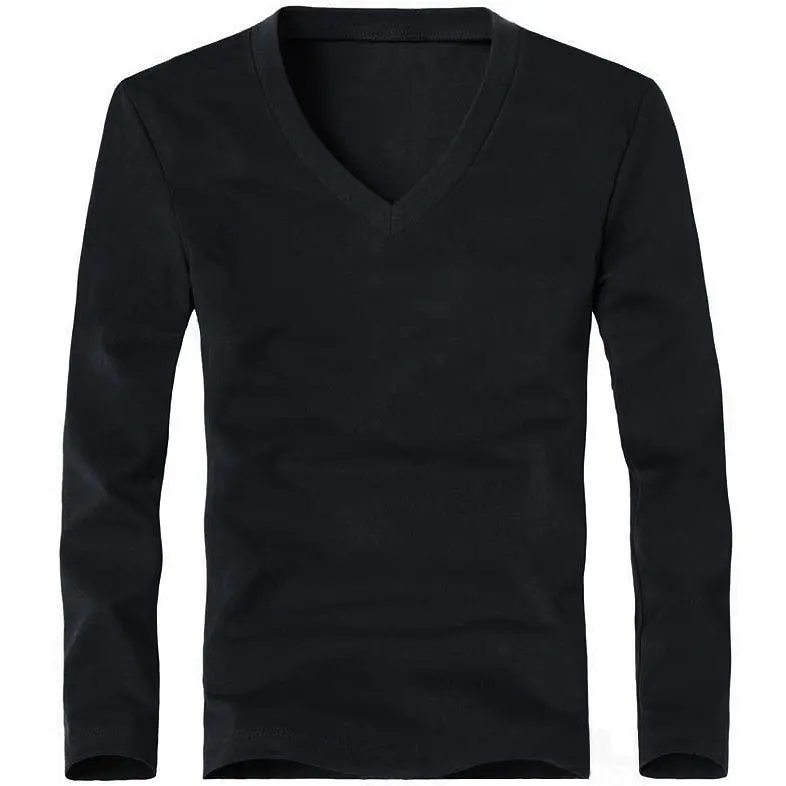 V-Neck Long Sleeve Men T Shirt Cotton T-Shirts Man Clothing TShirt Brand Tees Elastic Mens T-Shirt For Male