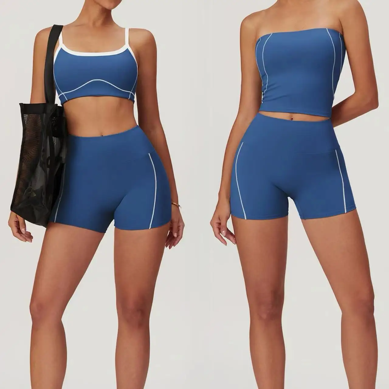 ladies black blank bra tube and shorts two pieces tracksuit set women clothing ropa deportiva de mujer para el gym outfit wear