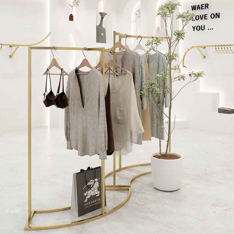 Fashion Women Clothes Shop Display Racks Metal Retail Boutique Clothing Rack Cloth Store Gold Display Stands