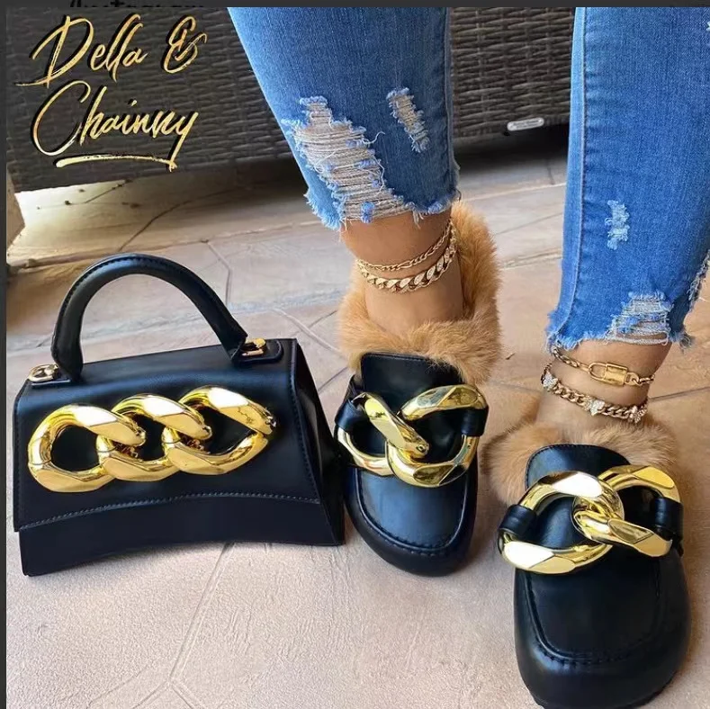 Woman shoes new arrivals Sandal Slide Home Casual Shoe ladies Fashion Sandals with chain Plush Winter Slippers For Women