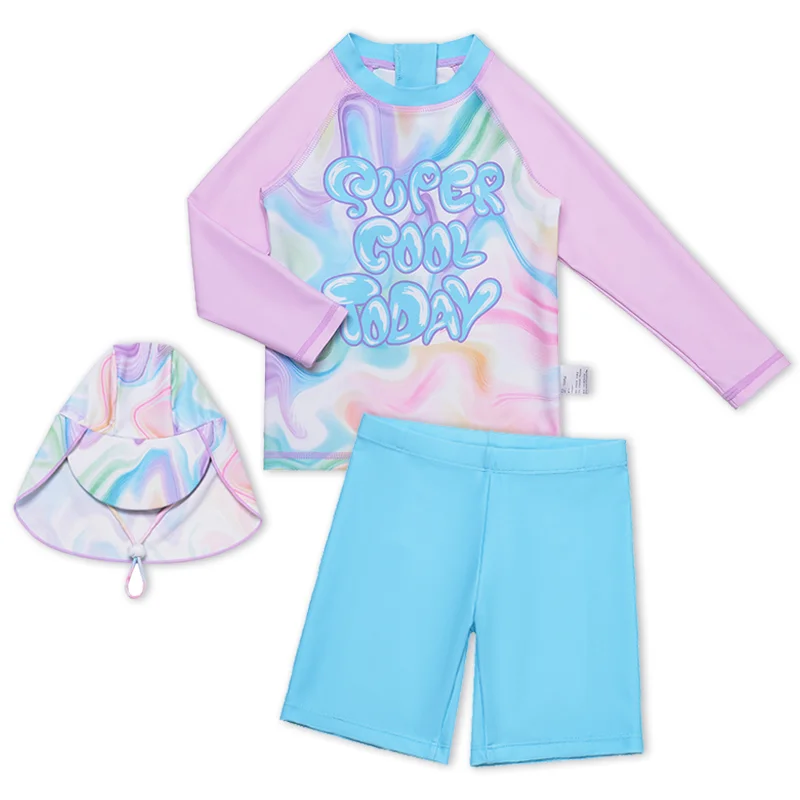 Baby Girl Swimsuit Swimming Suit Long Sleeve Swimwear Shirt Pants Guard Wetsuit Swimming Bathing Beachwear with Cap UPF 50+