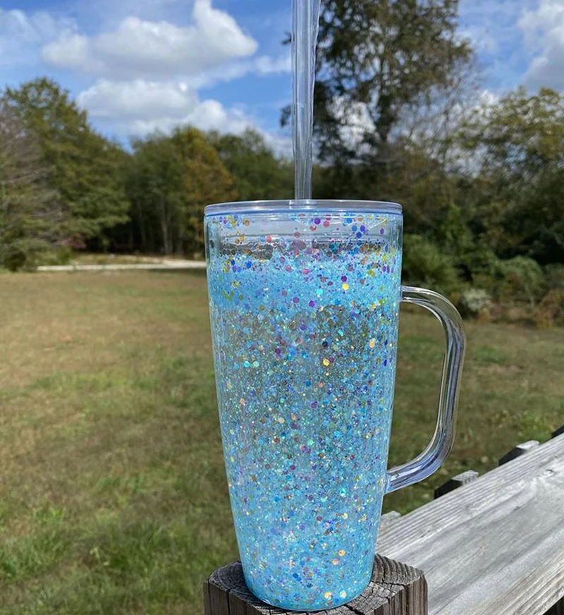 BPA Free 20oz Double Wall Plastic Acrylic Glitter Tumbler with Handle and Lid and Straw