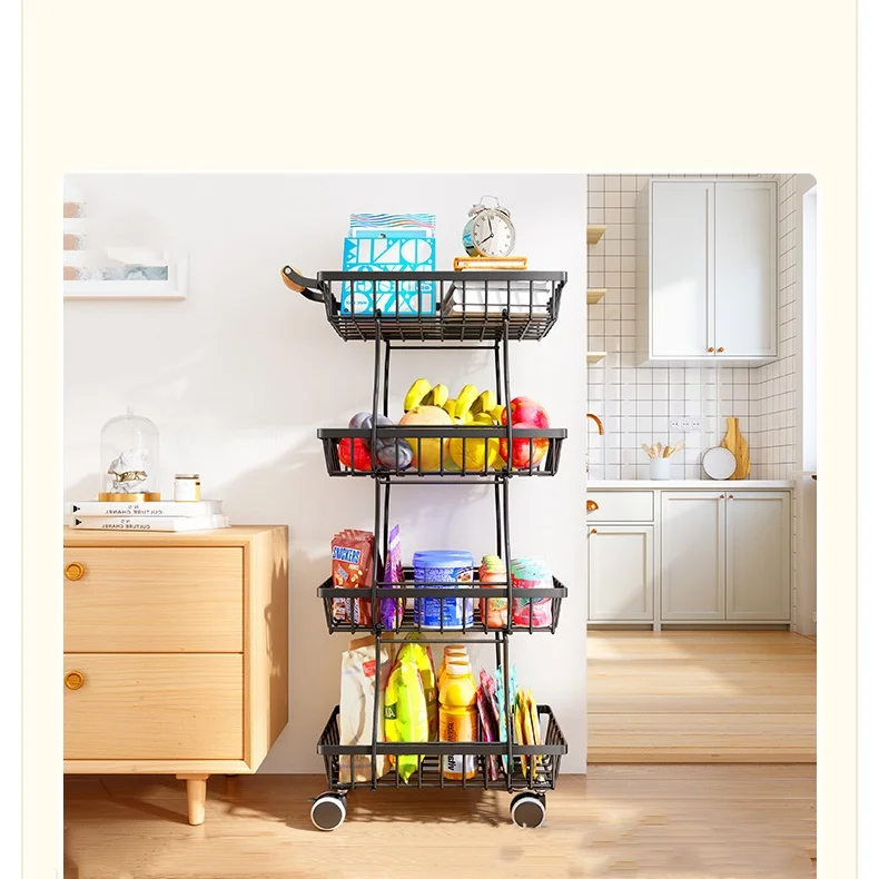 Allogogo Auxiliary Trolley With Wheels Fruit And Vegetable Storage Trolley Removable 4 Tier 5 Tier Non-slip Feet Metal Basket