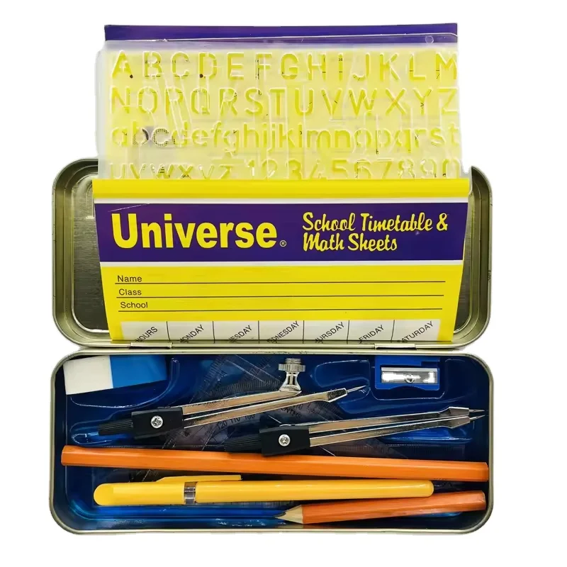 High Quality All In One Universe Math Set Metal Box 14 Pcs Compass Ruler Set for School and Office