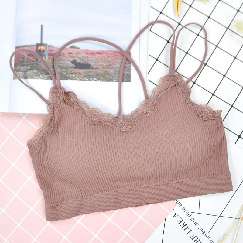 Seamless sexy lace ladies bra ribbed vest beauty back tube top sweet girl underwear