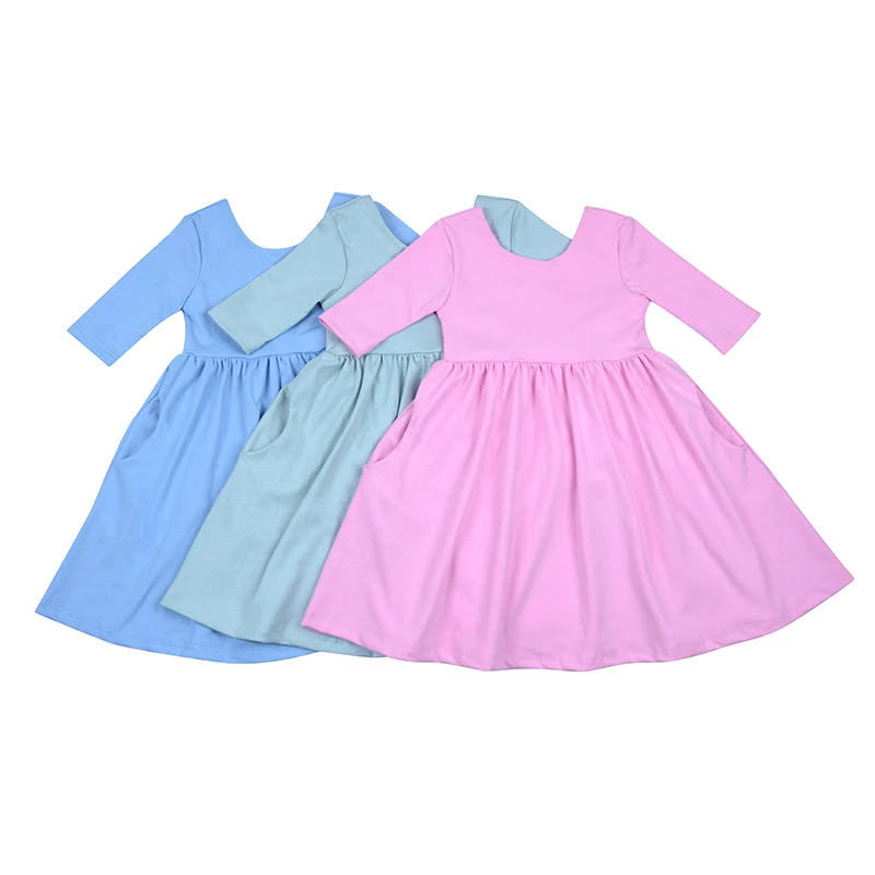 Baby Girls Soft Knit Cotton Casual Scoop Back Dress Three Quarters Solid Color Rib Cotton Hidden Pocket Dresses