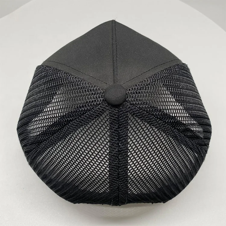 Custom flat embroidered circle woven patch trucker cap 5 panel black nylon trucker hat