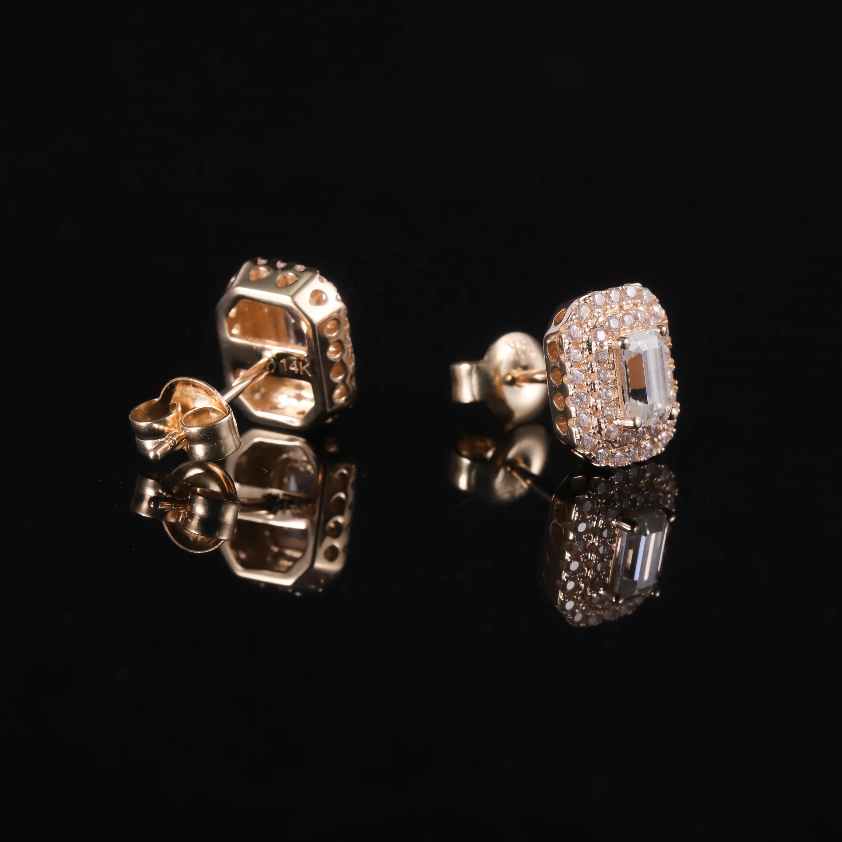 S93D Abiding Women Fine Jewelry Emerald Cut D VVS Moissanite Lab Diamond Double Halo Pave Au585 18k Rose Gold Stud Earrings