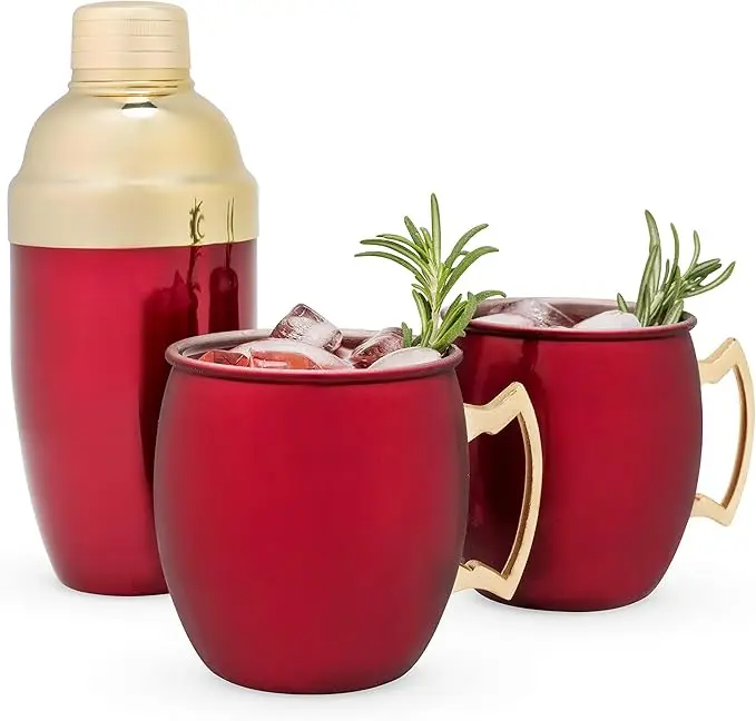 Red Moscow Mule Mug and Cocktail Shaker Gift Set Holiday Bar Gift Mule Moscow Mug Red Stainless Steel