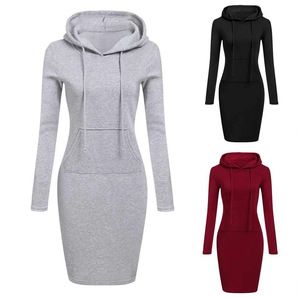 
QC-887 Ready to ship sweater dress bodycon women dresses casual with pocket long sleeve candy color mini hoodies dress 