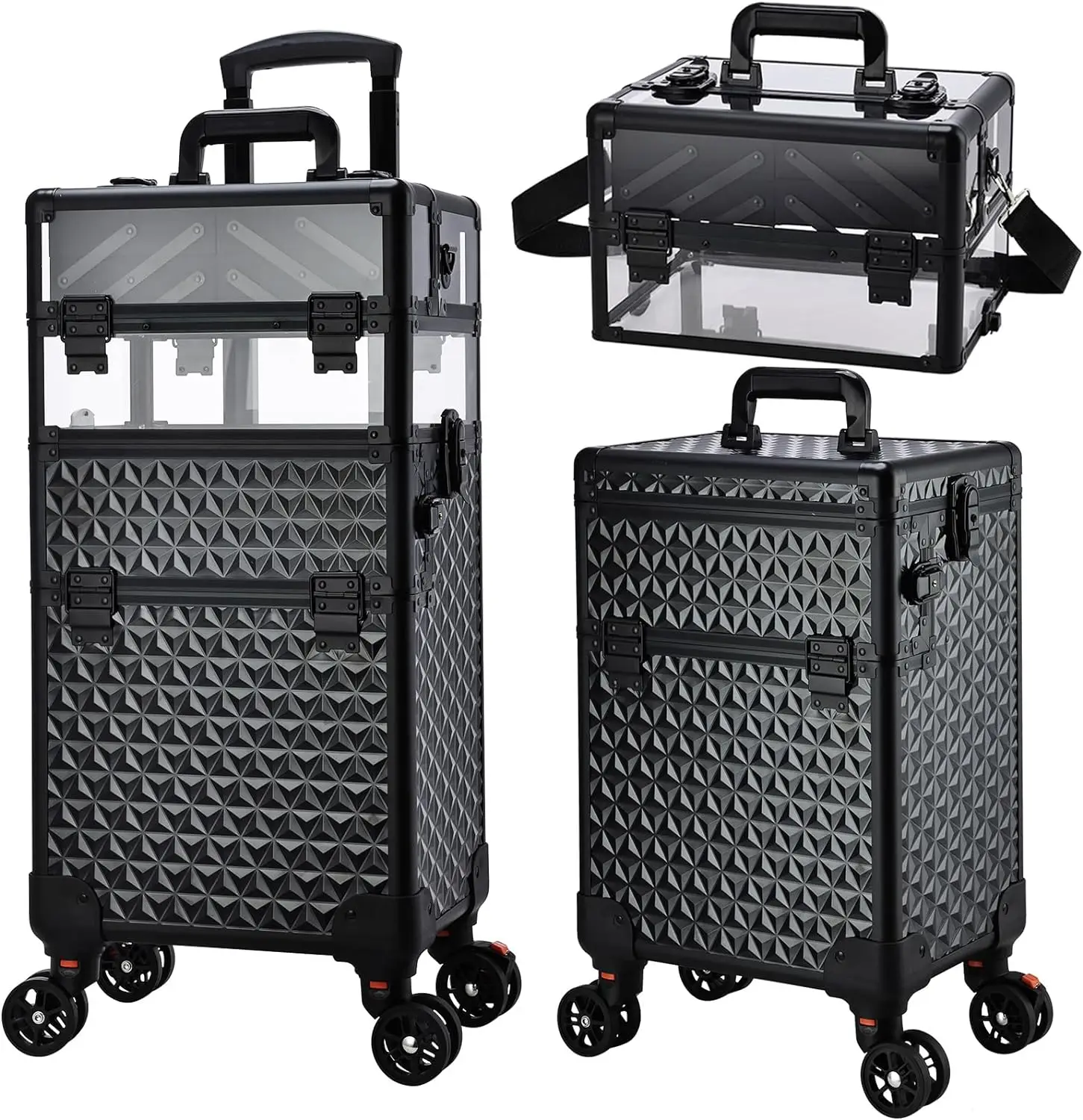 Rose gold 3 in 1 Train Case on Wheels Makeup Trolley Salon Traveling Trunk Suitcase for Cosmetology School Nail Tech Hairstylist