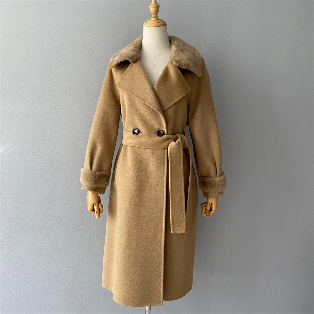 Soft Warm Slim Fit Long Style Double Faced Cashmere Coat Belt Luxury Women Winter Custom Logo Real Mink Fur Coat 100% Wool