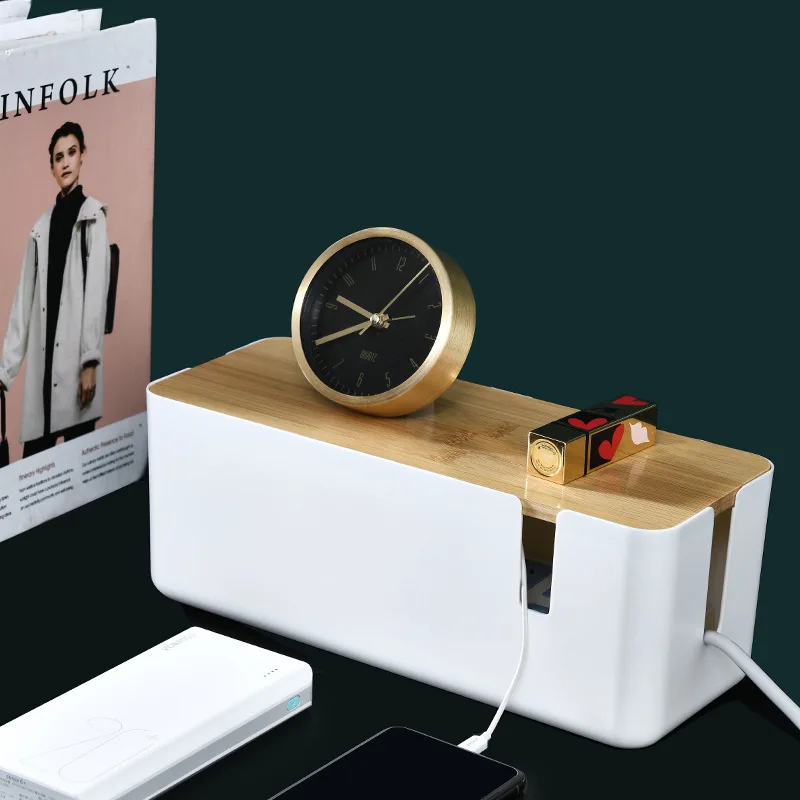 Factory Direct Bamboo Plastic Material Desktop Power Socket USB Charge Cable Wire Storage Box with Liner