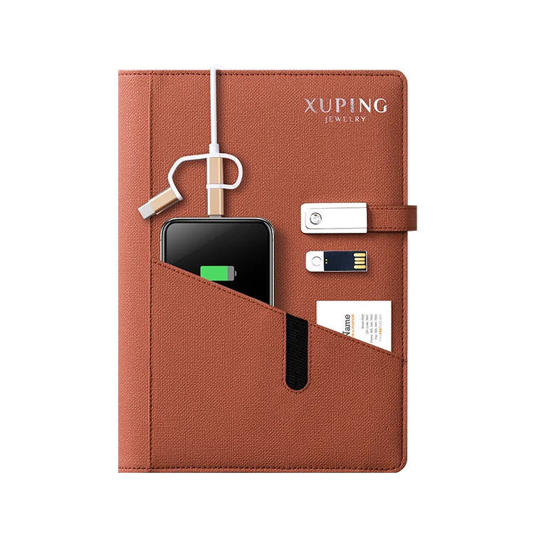 Hotselling A5 brown leather charging notebook with 8000 mah powerbank and 16G USB flash drive