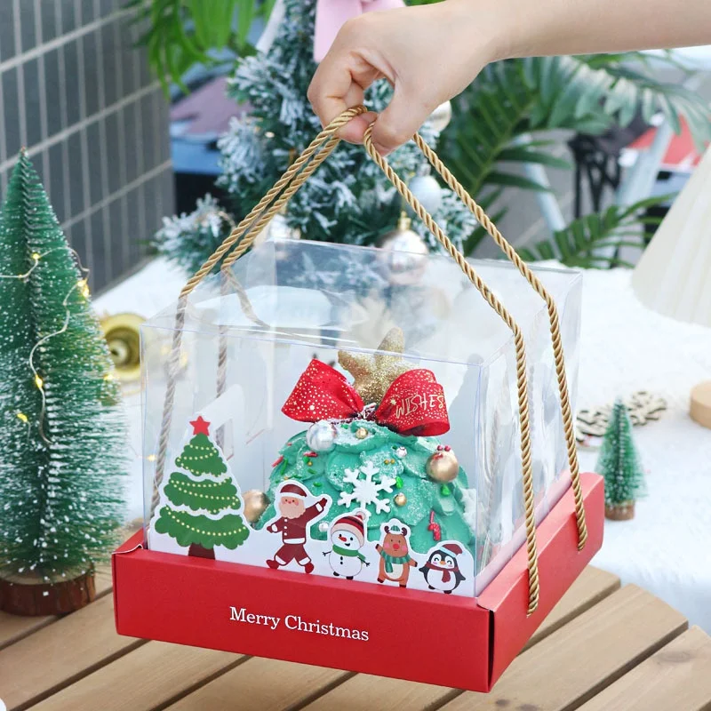 Christmas Transparent 8 inch Handheld Paper Box With PET Cover For Mousse Cake Gift Candies