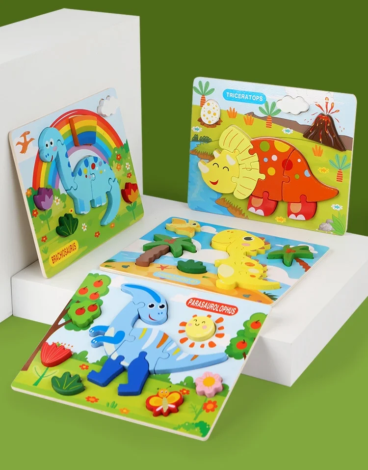 Montessori Wooden Cartoon Animal Dinosaur 3D Jigsaw Puzzle Toys Baby Educational Learning Puzzles For Kids
