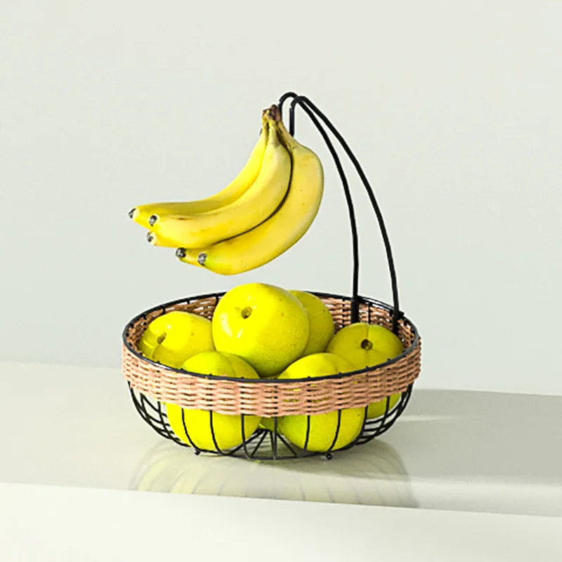 WIREKING Modern Metal Fruit and Vegetable Basket Bowl Rattan Edge Deco with Banana Hanger for Kitchen Counter Organizer