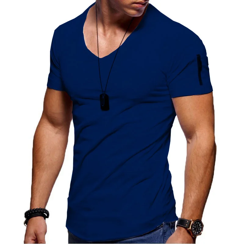 Mens Workout Compressed Gym Training Bodybuilding Muscle Fitness V collar  T Shirt
