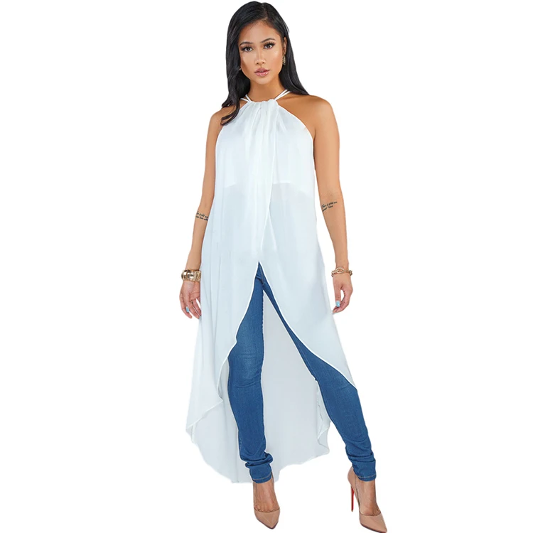 
White Sleeveless Halter Top Asymmetrical Casual Shirt Long Maxi Tunic Tops Blouse Women 