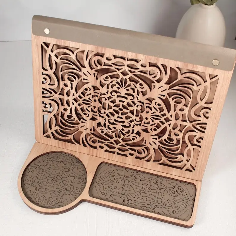Walnut Wood Book Valet Tray Nightstand with Unique Lasercut Art Deco Design Home Decor Gift for Book Lovers Moms on Birthday