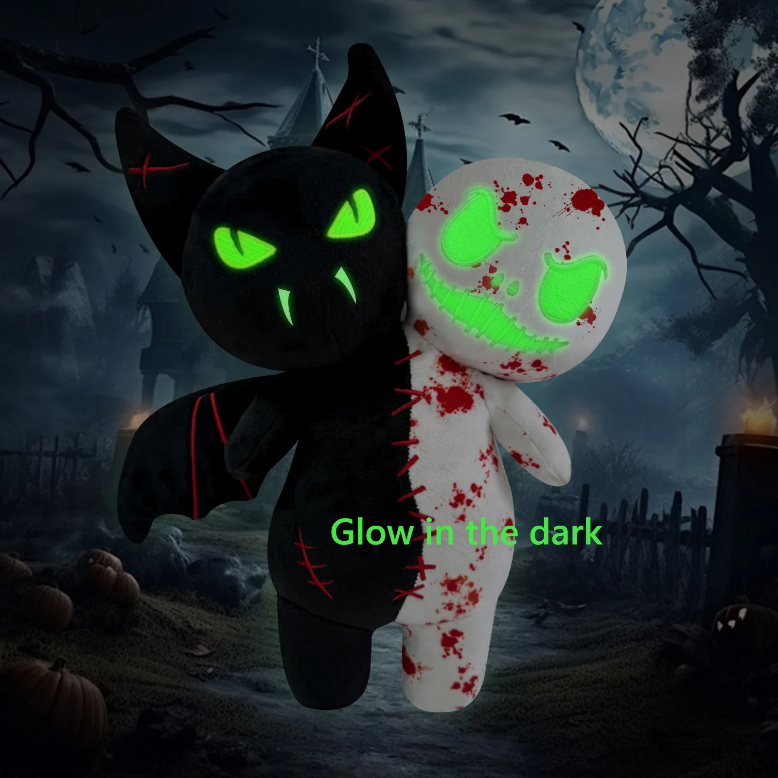 Halloween Stuffed Animal Luminous Skull Pumpkin Dual Head Glow in The Dark Bat Ghost Plush for Kids Adults Party Gifts
