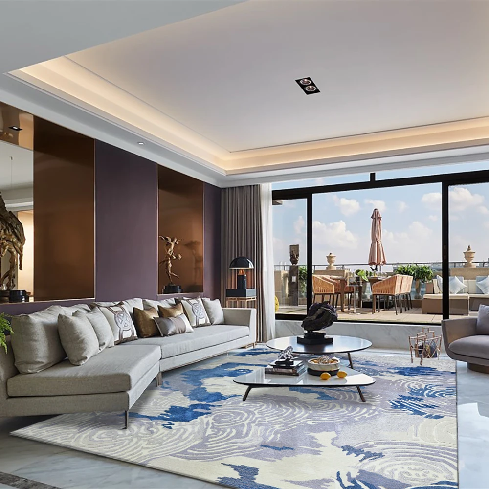 Wholesale price high end blue and grey jacquard rose handmade large luxury rug carpet