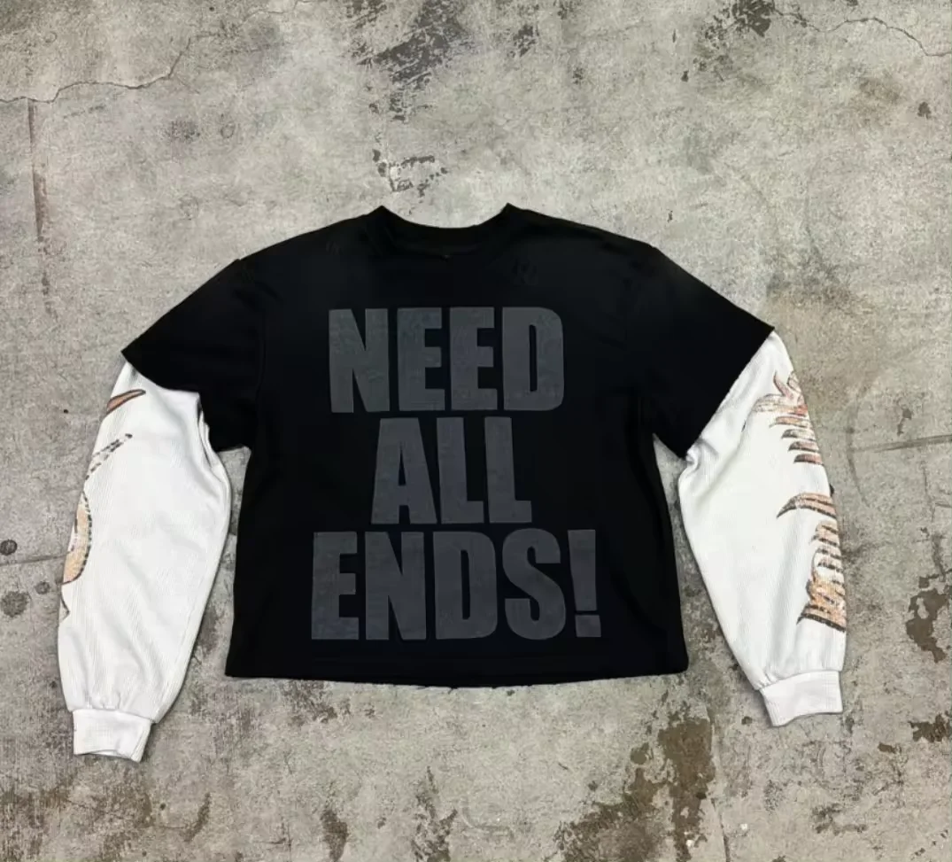 Hot Selling Street Style Custom Logo Screen Print Shirt Street Wears  Double Layers Thermal long Sleeve Pullover Shirts