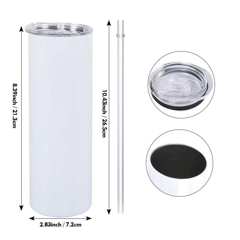 USA China warehouse 20oz ounce stainless steel white skinny straight sublimation blank tumbler insulated 20 oz with straw