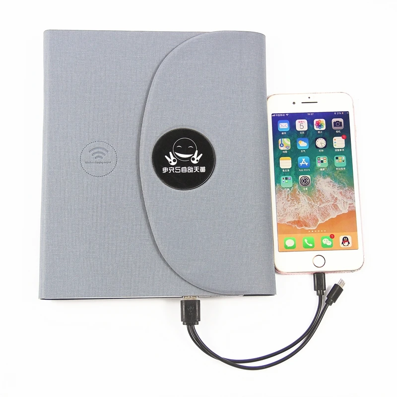 Eco-friendly promotional business gift  wireless charging notebook waterproof pu leather power bank notebook