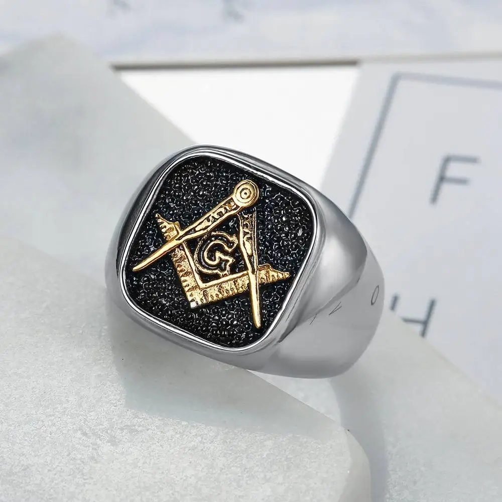 Fine 925 stainless steel gold plated AG masonic freemason rings for men