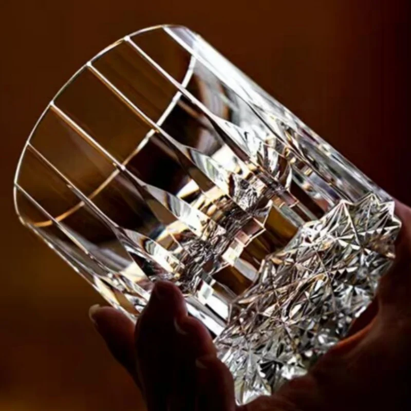 7 OZ  K9 Clear Crystal Engraving Cocktail Glasses With Hand Cutting Kaleidoscopic Whiskey Glass Tumbler Heavy