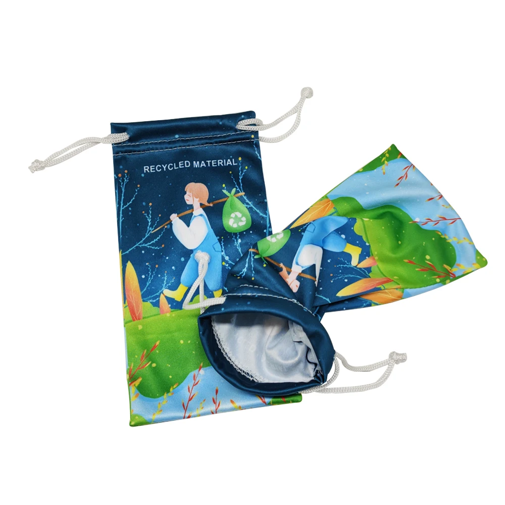 RPET Microfiber Lens Cloths Glasses Packaging Bag Custom Print Drawstring Black Rpet Sunglasses Pouch