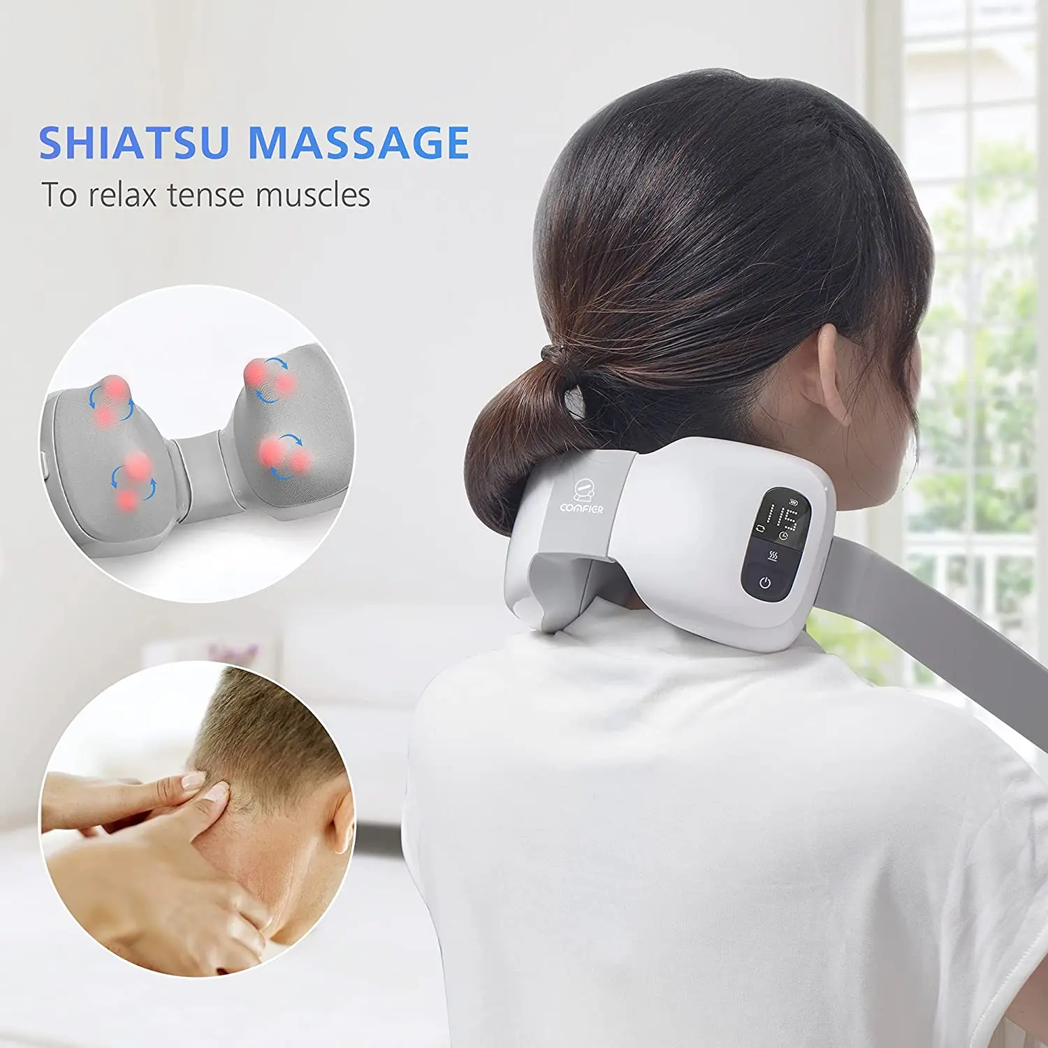 Travel Neck Massager with Heat Shiatsu Neck Massager Cordless for Pain Relief 4 Modes LCD Display Portable Neck Massage