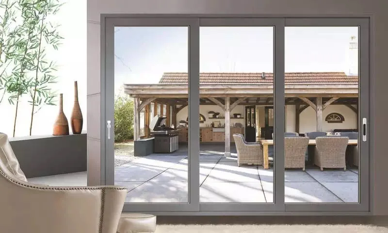 Aluminium Heavy Duty Big Panel Sliding Door Entrance Doors Residential Doors Wooden Grain Glass Graphic Design Stainless Steel