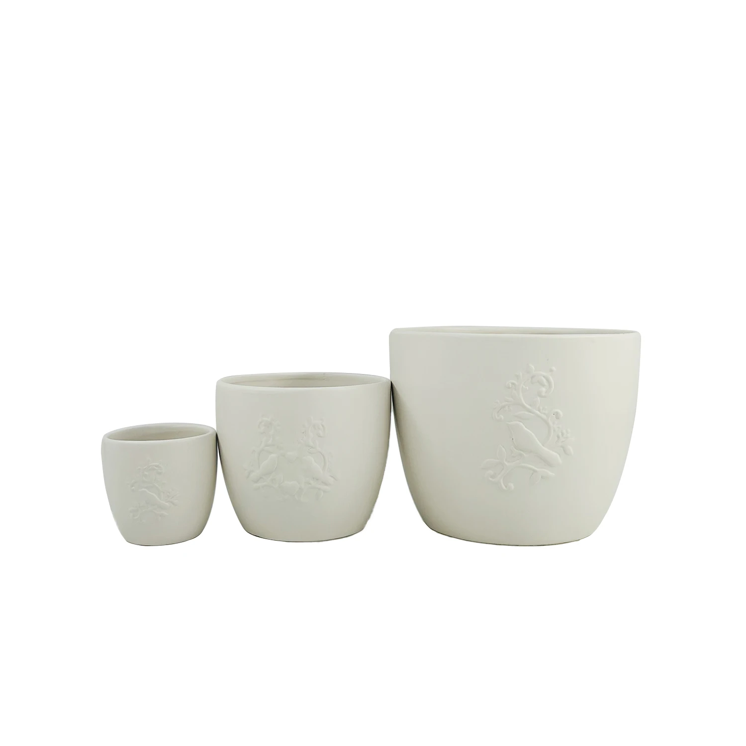 Nordic pure white powder fired 3 in 1 relief ceramic planting pot