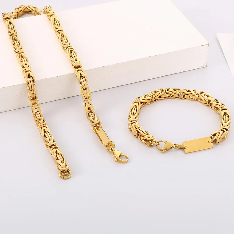 Hot Selling Titanium Steel Emperor Chain Necklace Bracelet Waterproof Gold Plated V Shaped Engraved Jewelry Set