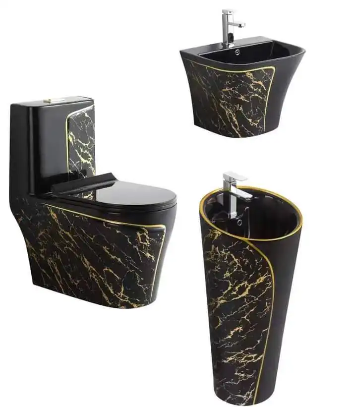 Роскошный набор унитаза siphonic flush, цельный керамический набор унитаза и раковины, унитаз черного и золотого цвета