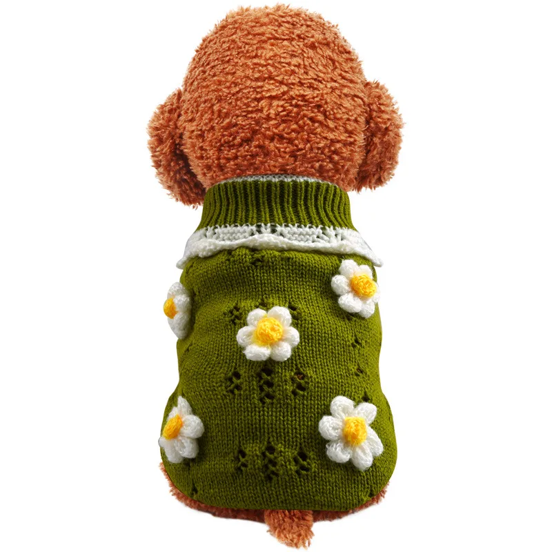 Soft Warm Winter Pet Cable Knitwear Clothes with Cute Flower, Girl Boy Dog Pullover Knitted Sweaters for Cats Puppies Small Dogs