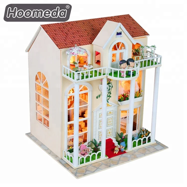 Wholesale Diy Three-Story Folding Villa Piano Lace Bed With Lamp Mini Doll House With Furniture